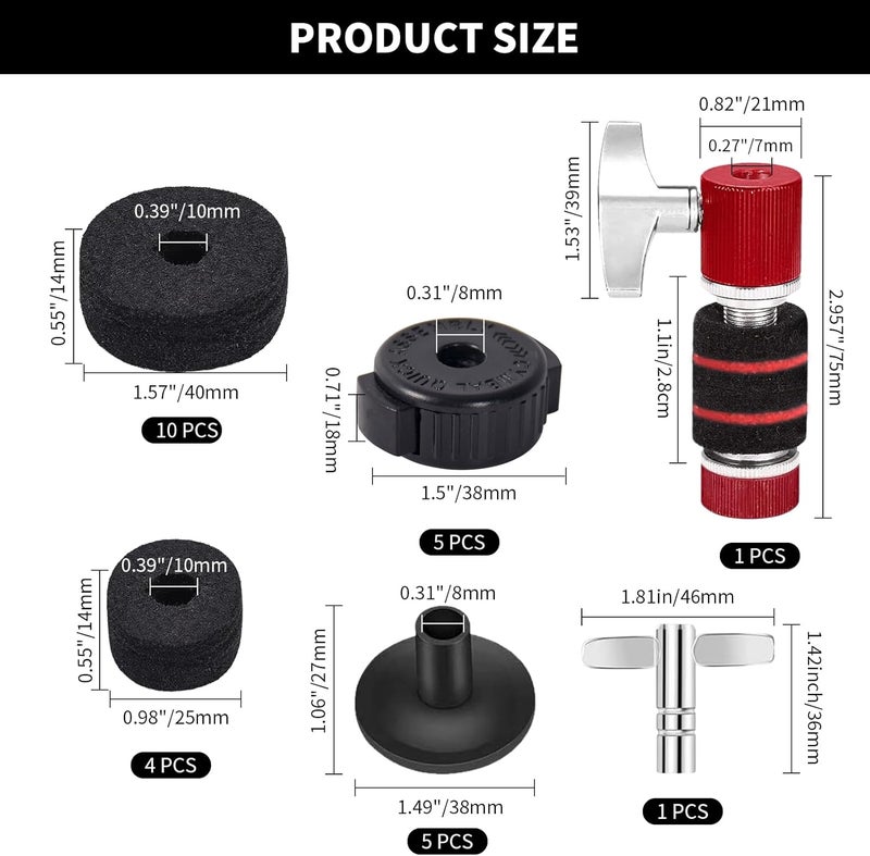 Seteol 26PCS Cymbal Replacement Accessories, Standard Hi-Hat Clutch & Cymbal Stand Felts & Plastic Cymbals Nuts & Cymbals Sleeves & Clutch Felts and Drum Key T-Shape, Replacement for Drum Set - Image 2